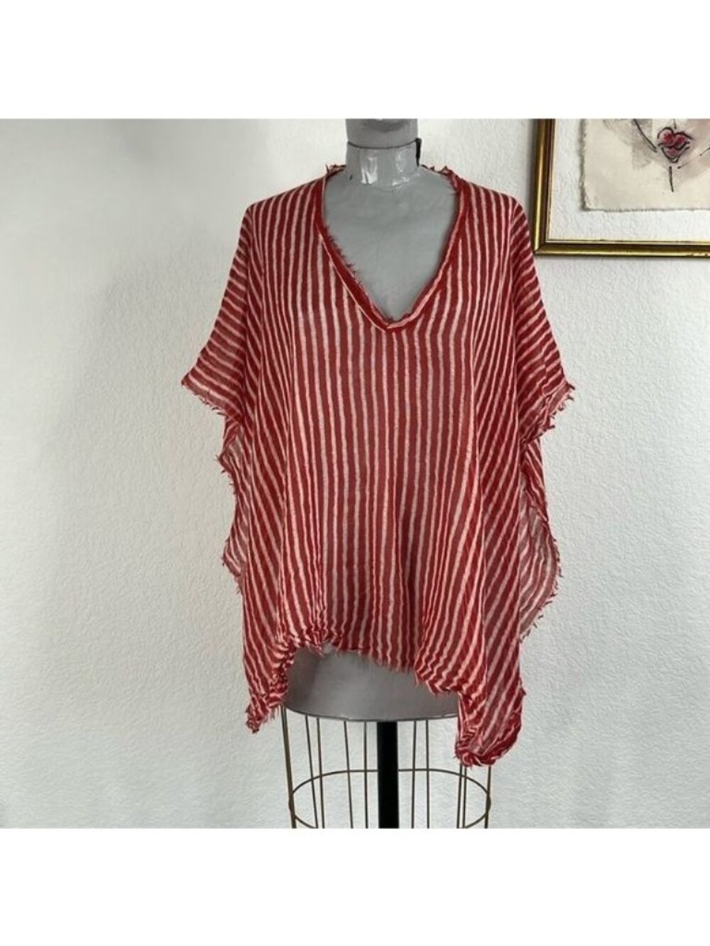 Mare Di Latte V Neck Striped Fringe Wool Silk Tunic Poncho
